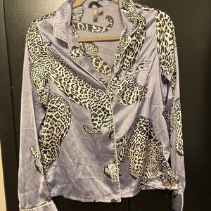 ASOS DESIGN Cheetah Satin Pajama Pants Set, Baby Blue, US 4 (Small)